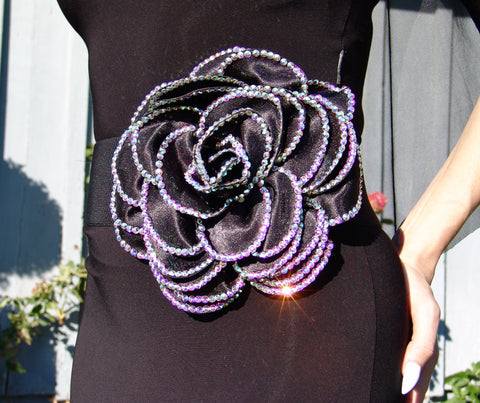 BIG FLORAL STRETCH WAISTBAND BELT WITH STONED FLOWER: AURORA BOREALIS CRYSTALS