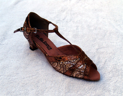 GO 7302 Bronze Simulated Leather & Bronze Scale T - Strap Latin Shoe