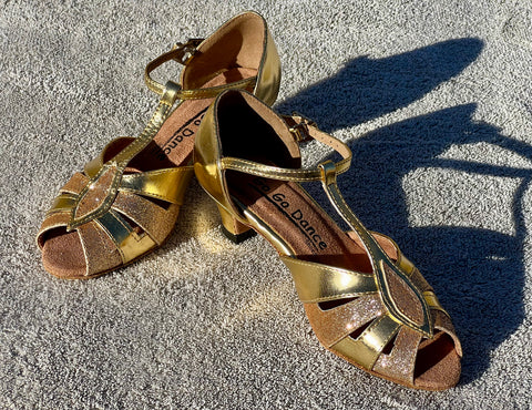 GO 7504 GOLD & GLITTER T - STRAP LATIN SHOE