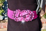 HOT PINK STRETCH BELT WITH TWO ROSES STONED WITH HEMATITE CRYSTALS