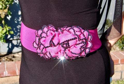 HOT PINK STRETCH BELT WITH TWO ROSES STONED WITH HEMATITE CRYSTALS