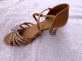 NUG - 65 "SELVA" STONED TAN SATIN LATIN SHOE - AURORA BOREALIS CRYSTAL