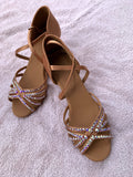NUG - 65 "SELVA" STONED TAN SATIN LATIN SHOE - AURORA BOREALIS CRYSTAL