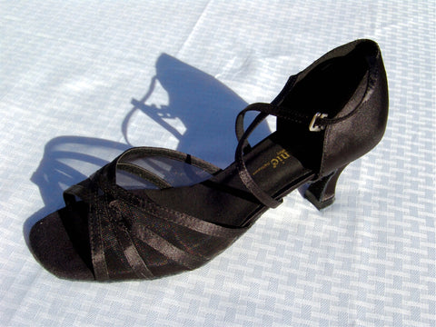 Stephanie 12005 - 15 Black Satin & Mesh X - Strap Latin Shoe