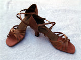 Stephanie 12017- 65 Dark Tan Satin X-Strap Latin Shoe