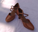 Stephanie Dance Shoes 15006 - 65  Dark Tan Satin X-Strap American Smooth Shoe