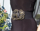 BLACK STRETCH BELT WITH TWO ROSES STONED WITH AURUM CRYSTALS