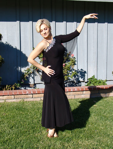 NUG 00686 BLACK STANDARD/AMERICAN SMOOTH DRESS WITH ATTACHED CLEAR/AB NECKLACE