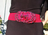 RED STRETCH BELT WITH TWO ROSES STONED WITH HEMATITE CRYSTALS