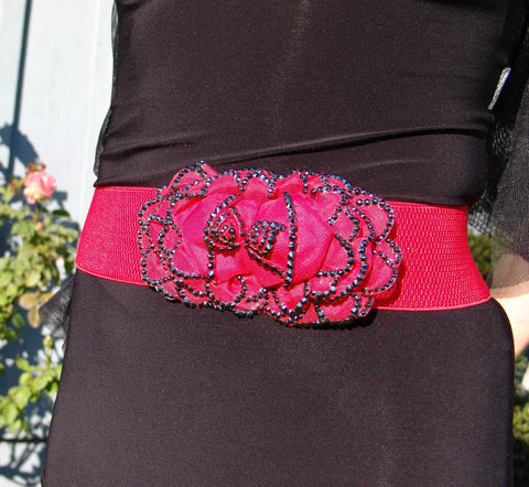 RED STRETCH BELT WITH TWO ROSES STONED WITH HEMATITE CRYSTALS
