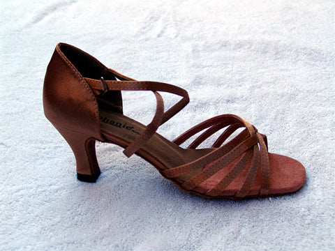 Stephanie 12017- 65 Dark Tan Satin X-Strap Latin Shoe