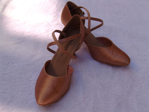 Stephanie Dance Shoes 15006 - 65  Dark Tan Satin X-Strap American Smooth Shoe